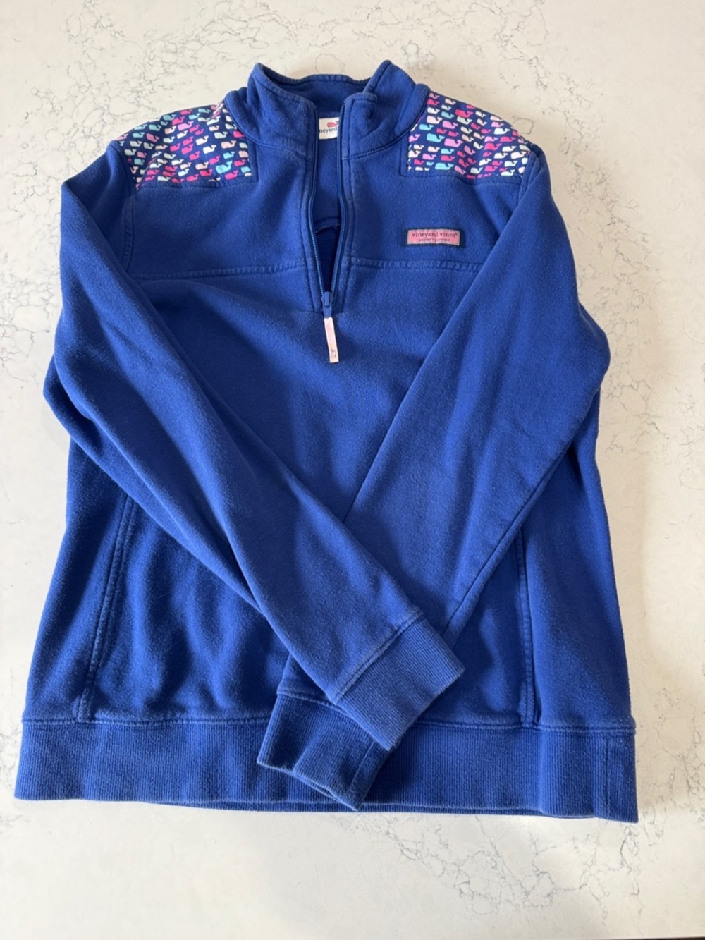 Vineyard Vines Blue Quarter-Zip Pullover with Multicolor Heart Accents